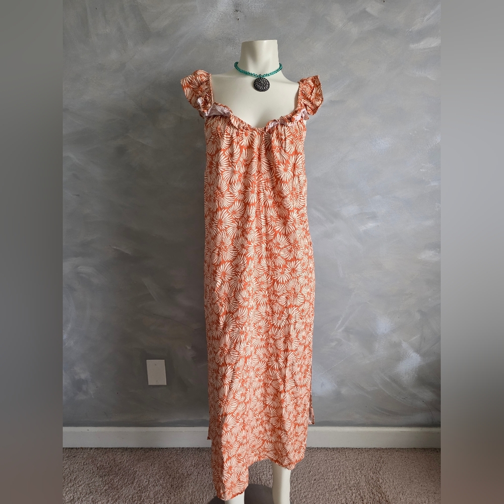 Loft Sleeveless Maxi Dress Rust Orange floral print and ruffle detail M NWT